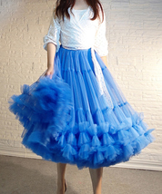 Blue A-line Fluffy Tulle Skirt Women Plus Size Layered Tulle Midi Skirt image 2