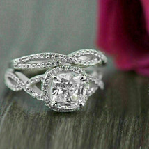 2Ct Kissen Schnitt VVS1 Diamant Verlobung Hochzeit Set Ring 14K Weißgold Finish - £89.46 GBP