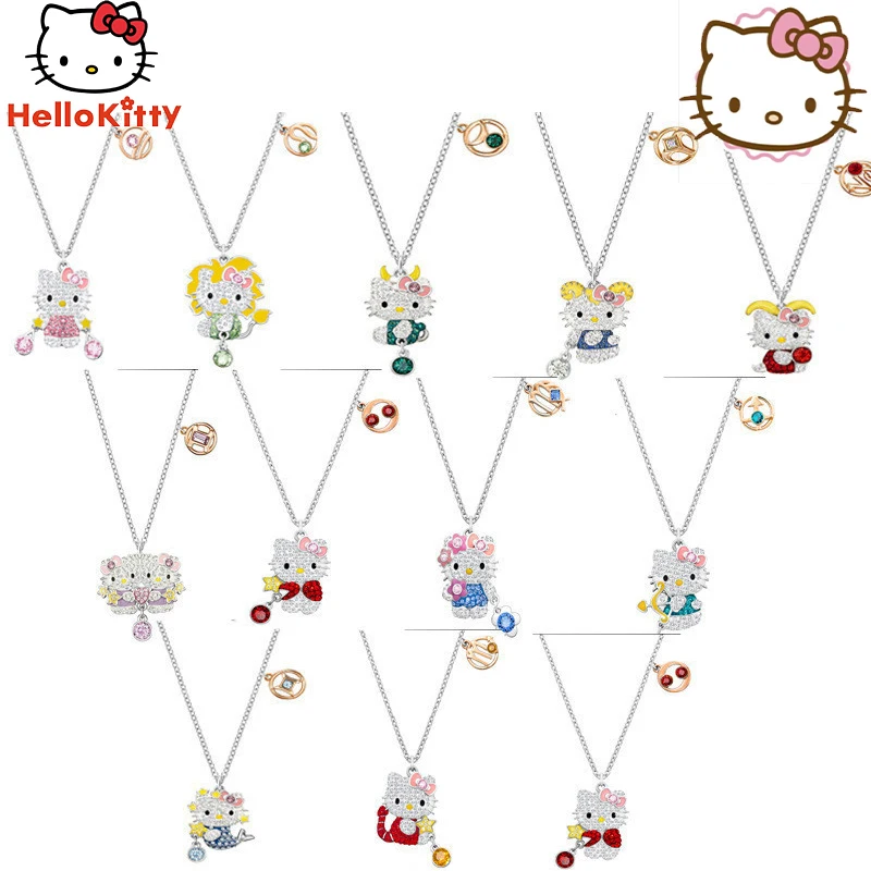 Hello Kitty Twelve Constellations Alloy Necklace Sanrios Kawaii Crystal Fashion - £21.33 GBP