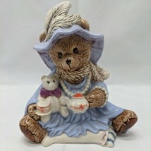 Teddy Bear Night Gown Tea Party With Stuffed Bear Glossy Ceramic Figurine Decor  - £19.77 GBP