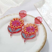 Red Acrylic &amp; Silver-Plated Sunflower Drop Earrings - £10.02 GBP