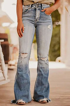 Dusk Blue Vintage Light Wash Ripped Raw Edge Flare Jeans - £43.47 GBP