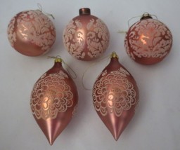 Vtg 5 Pc Pink White Flocked Glass Christmas Ornament Balls Rhinestones Butterfly - £14.22 GBP
