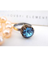 Aquamarine Crystal Filigree Stacking Ring Antique Bronze Jewelry Solitai... - $30.00