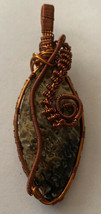 Necklace Pendant Jasper Stone Black Brown Cream wrapped Copper  Wire 3.5” Long - £7.58 GBP