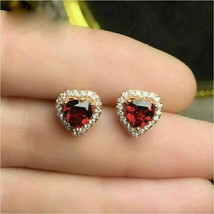 2Ct Heart Cut Simulated Red Garnet Halo Stud Earrings 14K Yellow Gold Plated - £88.64 GBP