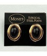 Monet Surgical Steel Post Earrings Black Stone Faux Onyx Gold Tone Oval ... - £8.84 GBP