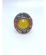 Vintage Tuareg Style Brass Ring with Yellow Resin Stone and Coral Inlay - $826.88 MXN