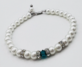 Sterling Silver Faux Pearl Green Crystal Bead Bracelet 8 in - £22.10 GBP