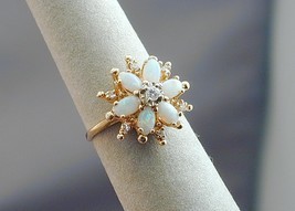 Antique 14k Gold 6 Oval Opal &amp; Diamond Cocktail Ring 6 - £279.72 GBP