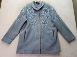 Bob Mackie Jacket Womens Large Blue Wearable Art Embroidered Floral Button Front - £29.58 GBP