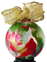 Inside Painted Glass Christmas Ornament Festive Red Green Gold Big Bow 3.25&quot; - £15.58 GBP