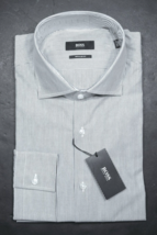 Hugo Boss Herren Union Regular Fit Graue Gestreifte Baumwollhemd 38 15 - $64.14