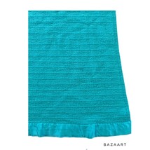 Acrylic Blanket VTG USA Made Turquoise Satin Trim Twin Size - £31.55 GBP