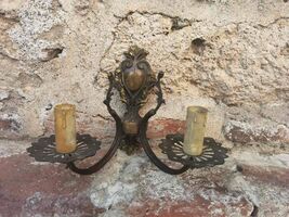Vintage brass wall lamp, antique 2 light bulb wall lamp, bohemian wall lamp - $140.00
