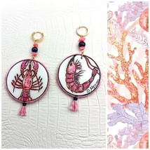 Wooden painted earrings inspired by sea animal art. Shrimp Lobster Crawfish sea - £43.68 GBP