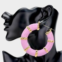 Pink &amp; Gold Round Bamboo Textured Cute DoorKnocker 3 Inch Trend Hoop Earrings - £16.55 GBP