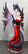 Fantasy Red Gowned Gothic Rose Fairy With Black Grendel Volcano Dragon F... - $49.99