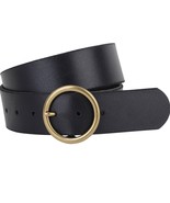 Wide Brass Toned Single Ring Round Buckle Leather Belt Black Medium - $39.64 CAD