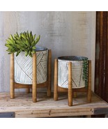 Set Of 2 Transitional White And Gray Pressed Tin Planters Pots With Wood... - $95.99