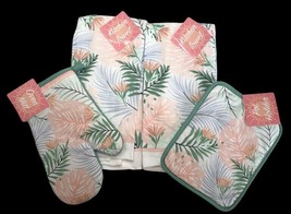 Palm Pink Coral Dish Towels Oven Mitt Pot Holder Set of 4 Beach Summer H... - £20.62 GBP