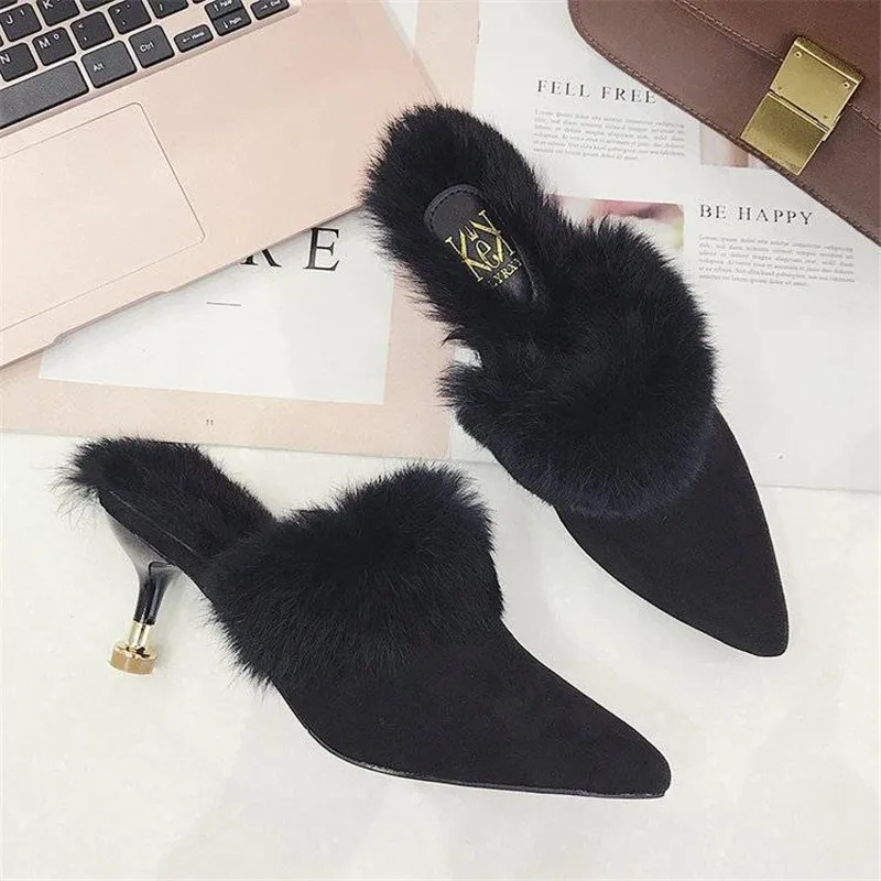 Winter Real   Slides Slippers Women   Mules Flip Flop Female   Lady Office Plush - £47.74 GBP