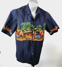 Royal Creations Men Shirt Size L Aloha Hawaiian SS Blue Cars Surfboard Ocean - £29.22 GBP
