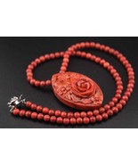 Vintage Hand-Carved Coral Bead Necklace with Floral Rose Pendant  - $2,757.53 MXN