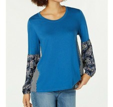 Style &amp; Co Womens M Blue Painterly Paisley Mixed Media Blouson Sleeve Top RETAG - £14.94 GBP