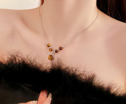 Coffee color round tiger eye stone pendant necklace spring summer vintage  - $19.80