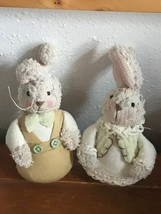 Pair of Small Cream Chenille Stuffed Easter Bunny Rabbit Couple Man &amp; Wife Decor - £8.34 GBP