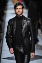 Men Blazer Business Lambskin 100% Genuine Leather Formal Handmade  Styli... - £94.70 GBP
