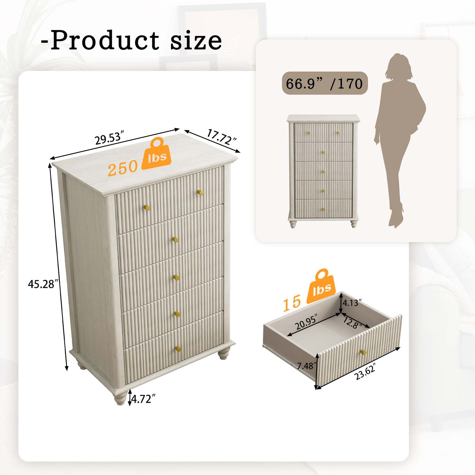 Beige Fluted 5-Drawer Dresser: Modern 45" Tall Chest of Drawers Item image 5
