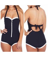 Seafolly Block Party Retro Maillot Swimsuit Indigo Blue White 12 NEW - $75.00