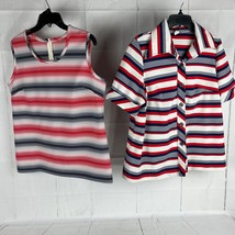 Lot of 2 Vintage Patriotic Women&#39;s Large Striped Polyester Tops Tank Button Up - £23.58 GBP