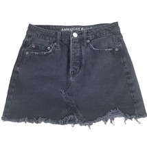 American Eagle Button Fly Denim Mini Skirt 00 Womens Black Raw Hem Pockets Short - £12.18 GBP