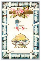 Happy New Year Faux Birch Frame Flowers Landscape Gilt Embossed DB Postcard H24 - £4.62 GBP
