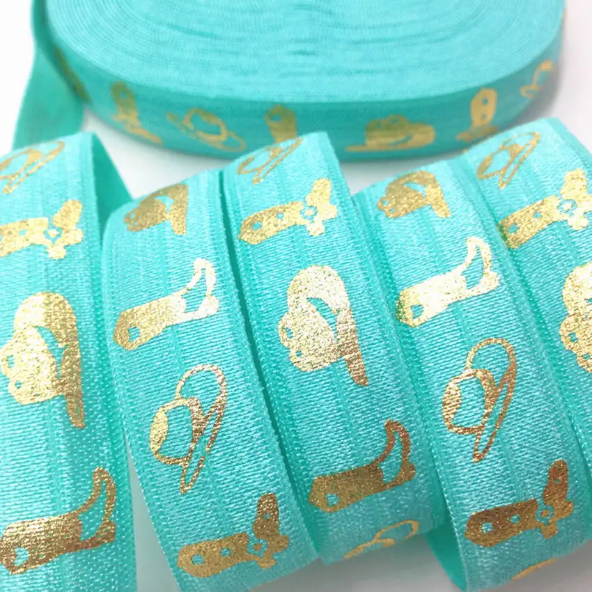 10Yards 5/8&quot; boy Boot Hat Print 5 Colors Fold Over   FOE Ribbon for Hair Tie DIY - £50.88 GBP