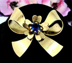 Big Blue Bow Brooch Vintage Faux Rhinestone Pin Goldtone Flower Tied Ribbon - £13.15 GBP