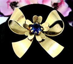 Big Blue Bow Brooch Vintage Faux Rhinestone Pin Goldtone Flower Tied Ribbon - £12.57 GBP