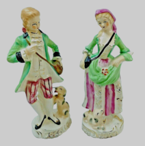 2 Porcelain Figurines Victorian Couple with Dogs Green Purple Gold Trim Vintage - £11.91 GBP