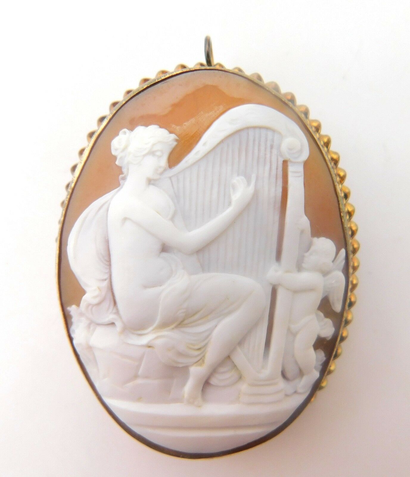 Primary image for Genuine Natural Shell Cameo Pin / Pendant with Woman Harp Angel (#J3821)