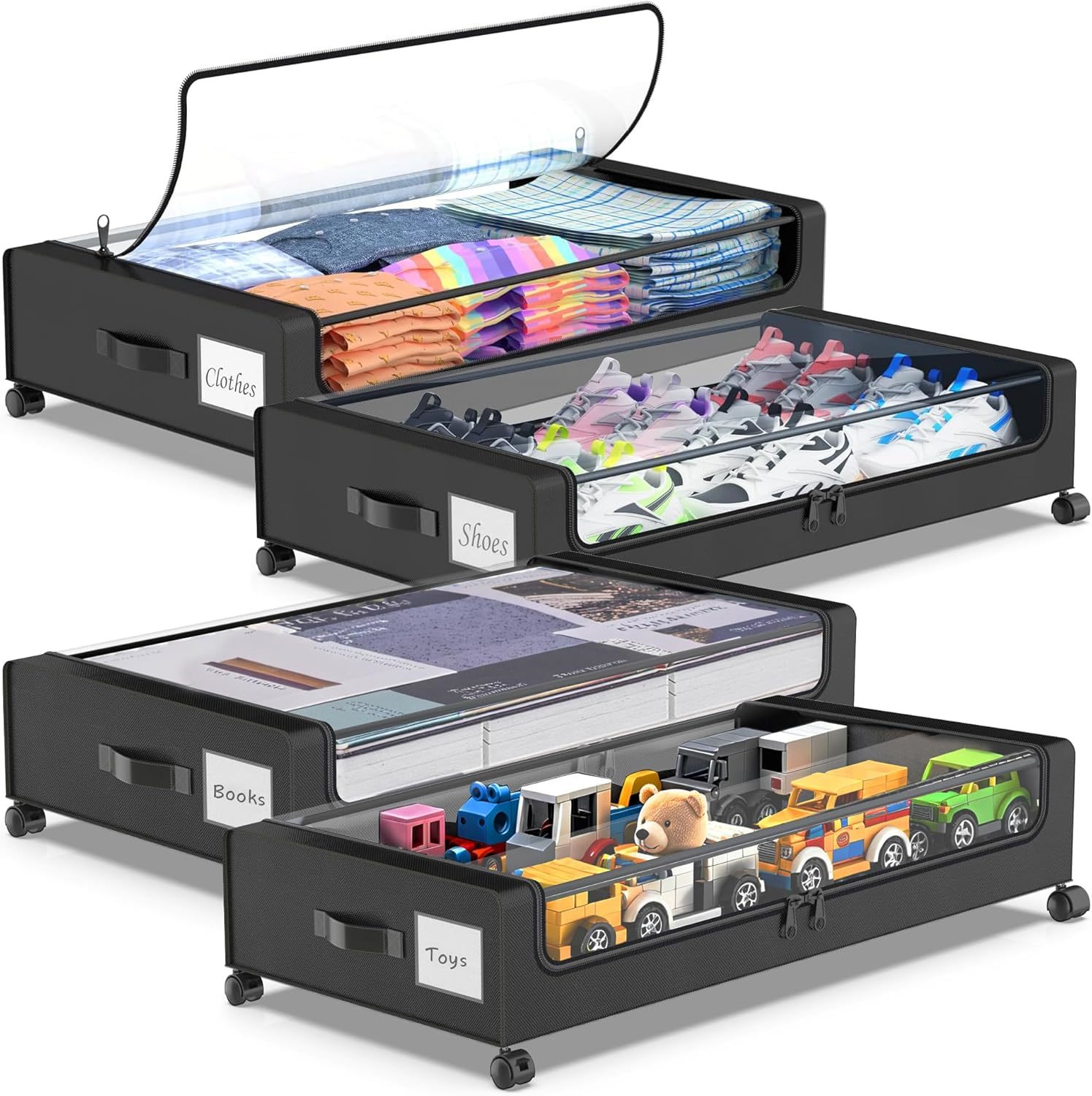 Beborxue Under Bed Storage With Wheels, 4-Pack Under Bed Storage, Black - $90.96