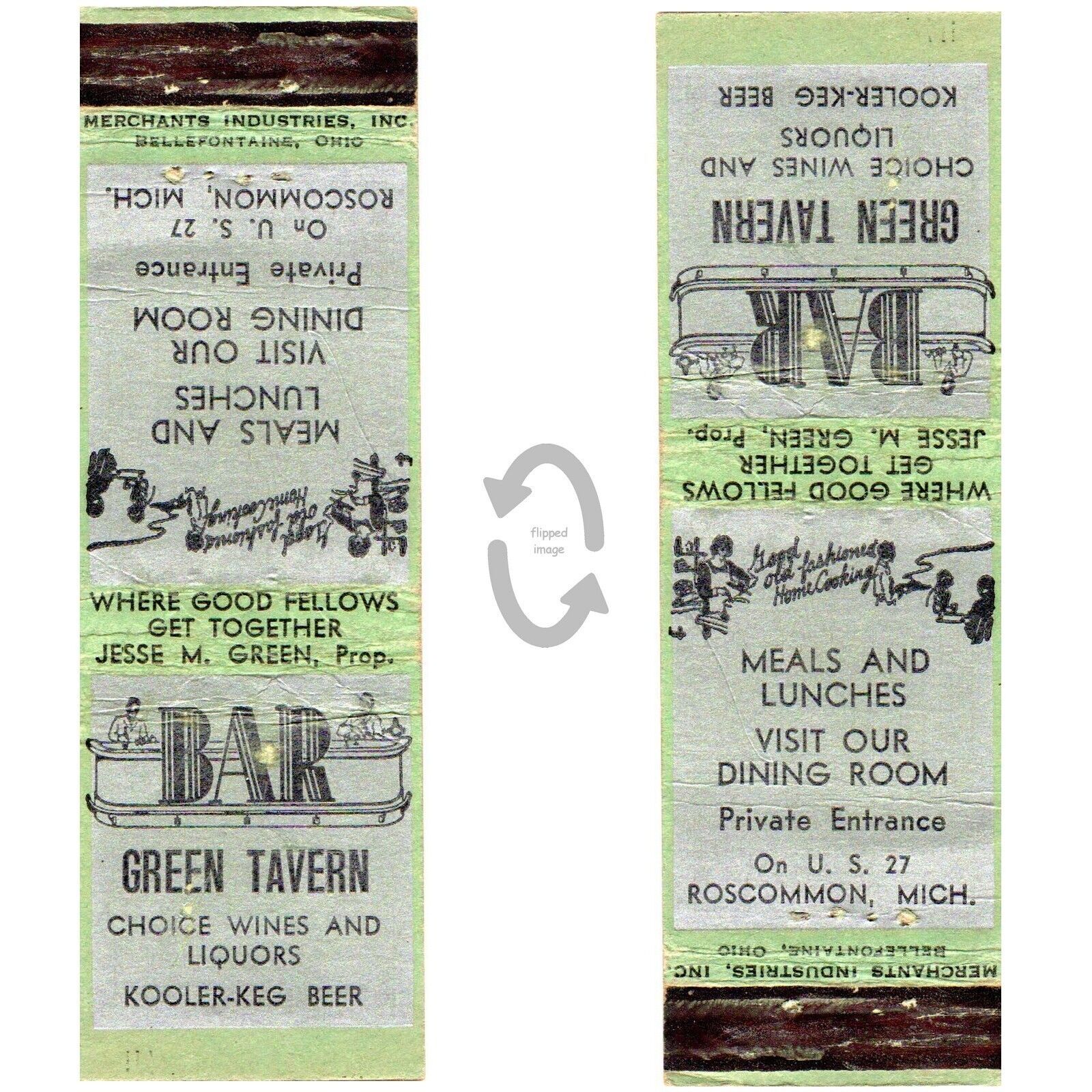Primary image for Vintage Matchbook Cover Green Tavern Bar Restaurant Roscommon Michigan 30s named