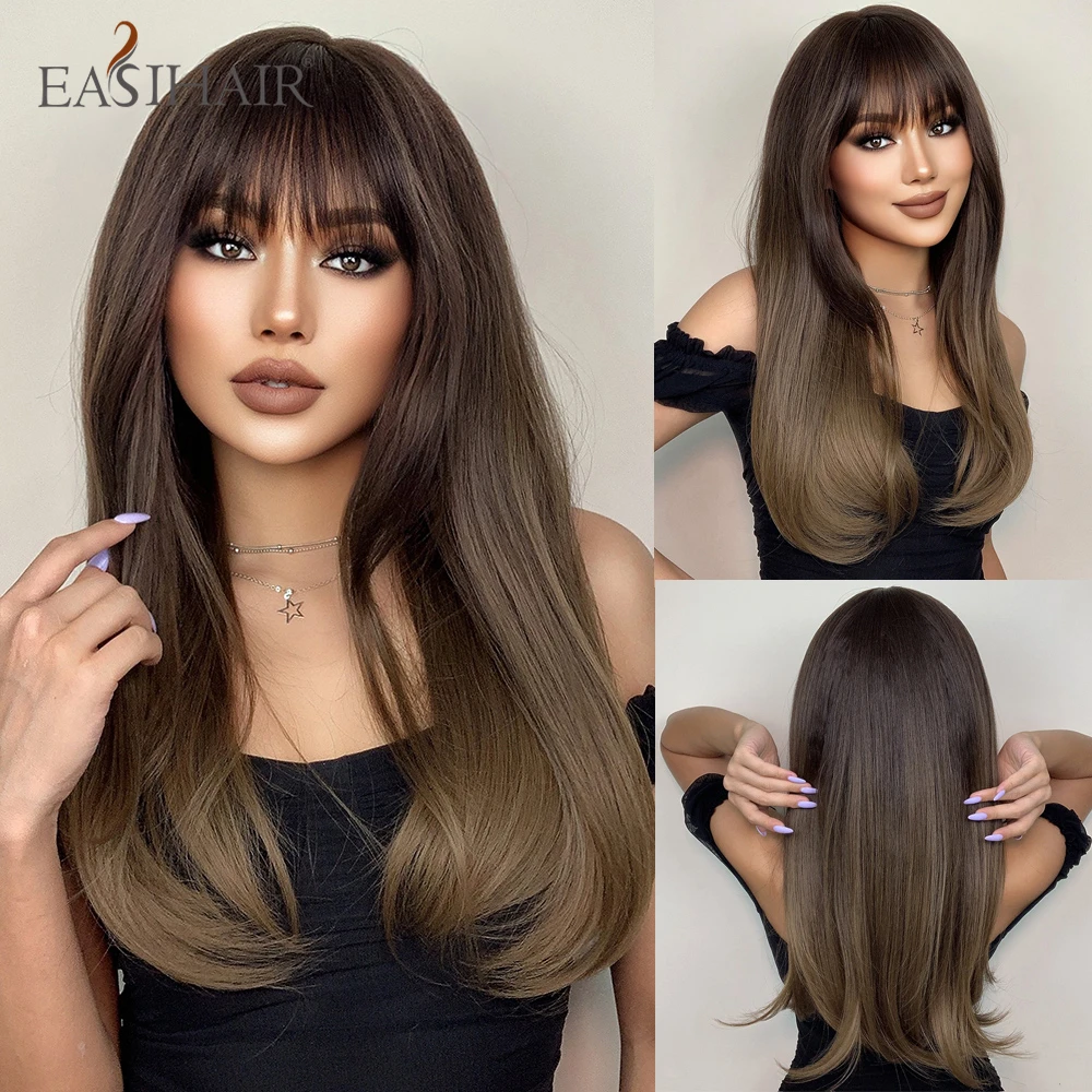 EASIHAIR Long Straight Bangs Wigs Natural Ombre Dark Brown Synthetic Hair W - £13.39 GBP+