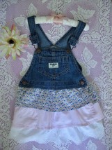 OshKosh B&#39;Gosh Denim Vest Back Overall Dress 3T Ruffled Tiers Skirt Pink Floral - £15.21 GBP