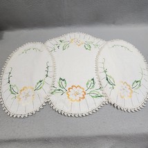 Handmade Embroidered Golden Flowers Table Dresser Doilies Crocheted Edge 3pc Vtg - £7.23 GBP