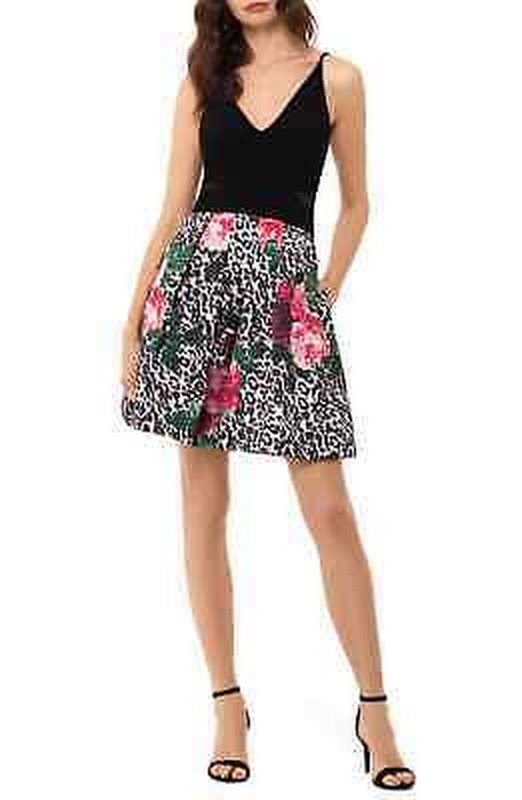 Xscape Black Printed Spaghetti Strap V Neck Fit And Flare Dress-Size 10 Item image 2