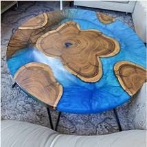 Round Blue Epoxy Resin Coffee Table Top Handmade Arts Living Room Furniture Deco - $438.02+