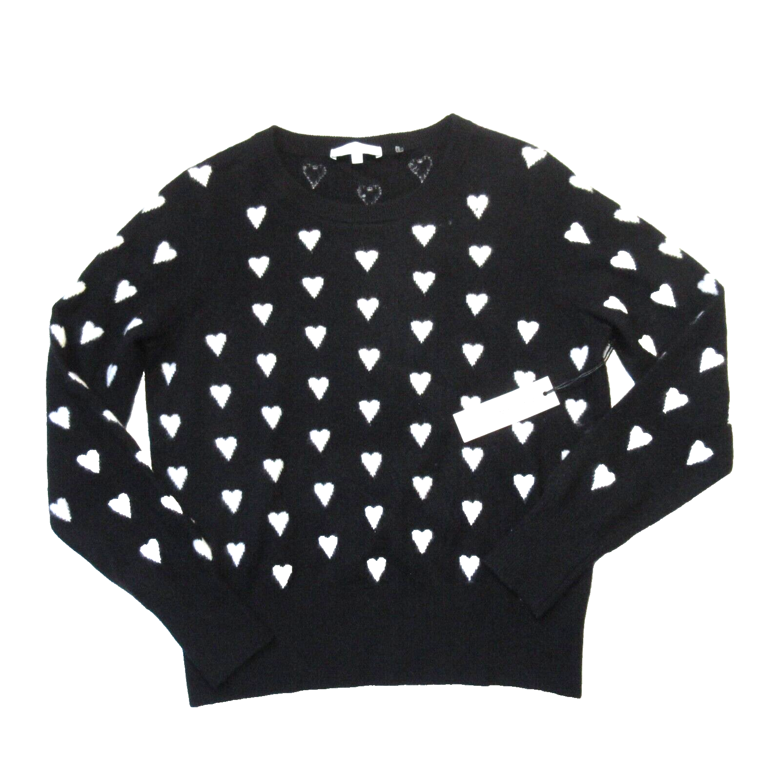 Primary image for NWT White + Warren Polka-Heart Crewneck in Black White Cashmere Sweater L $385